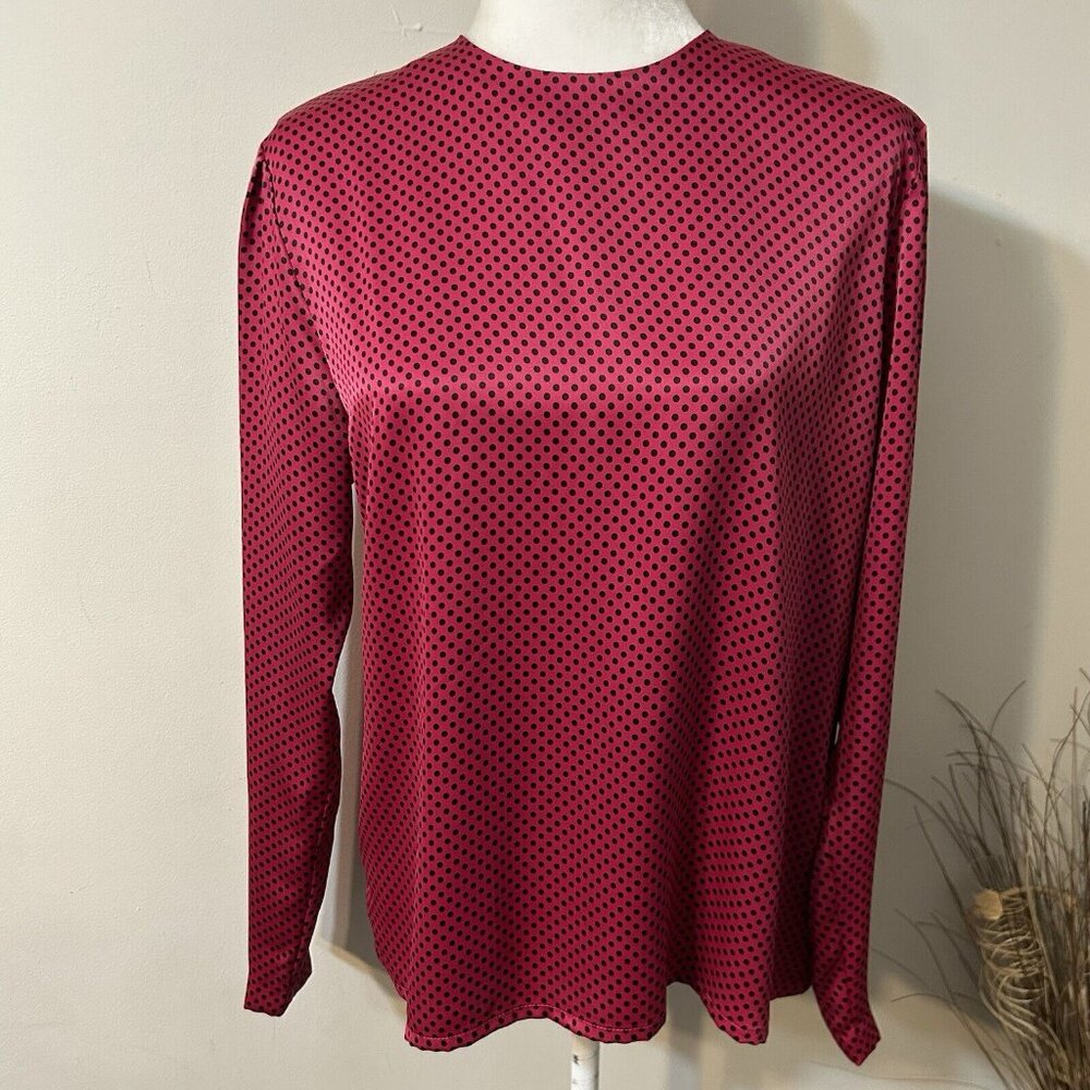 VTG PROPHECY Women Polka Dot Blouse Top Pink Black Satin Back Buttons Size 10